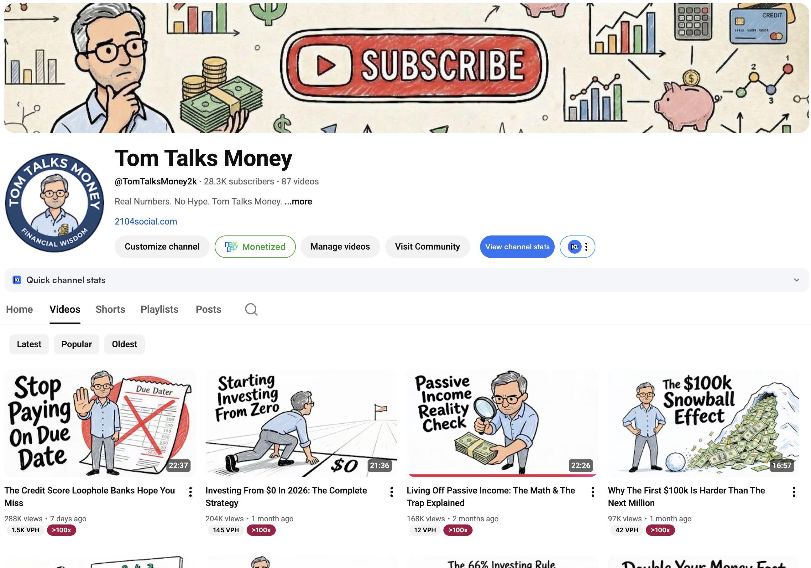 Screenshot of Tom Talks Money — YouTube project by 2104 Projects